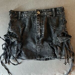 Fashion Nova Charcoal Denim Skirt with Lace-Up Detail